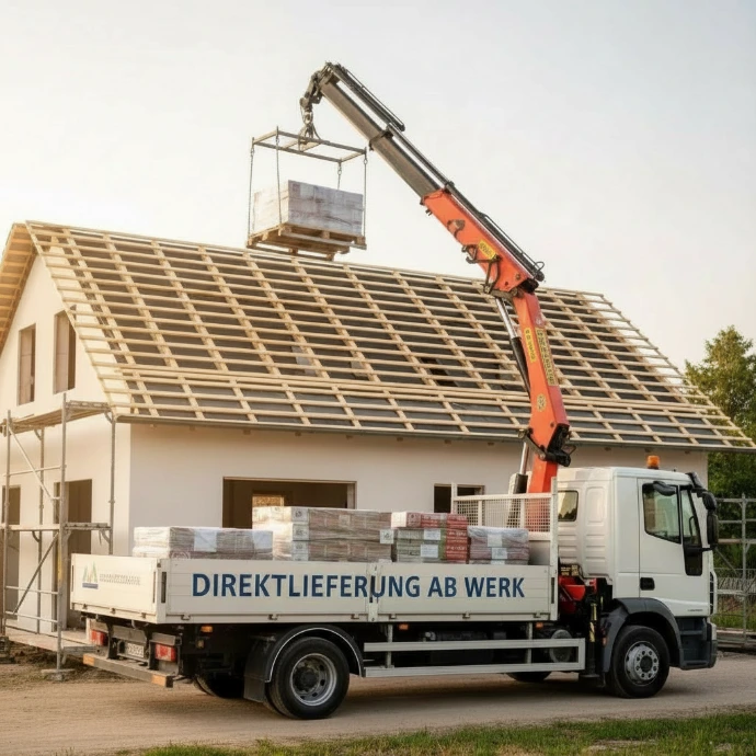 LKW mit Ladekran auf Baustelle